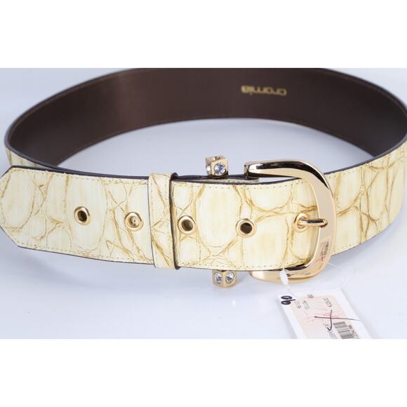 Wide Croc Embossed Leather Belt Size 46 Cream Gold Crystal Buckle main image 14